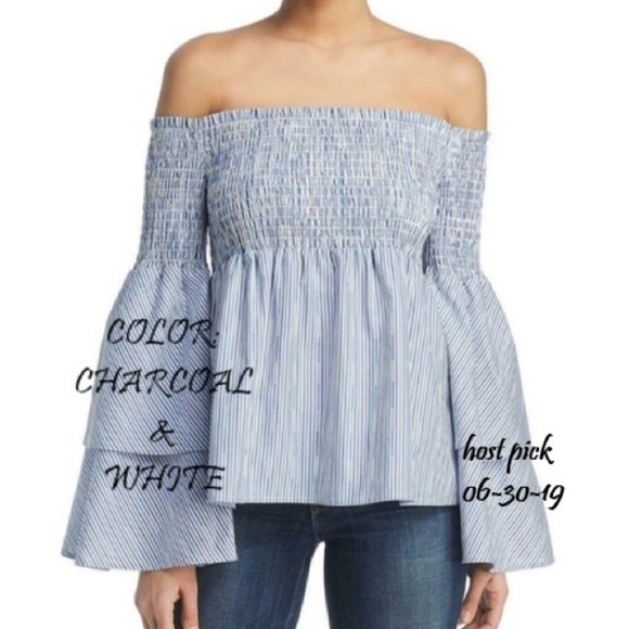 Unbranded Tops - CHARCOAL/WHITE STRIPE SMOCK L/S OFF SHOULDER TOP